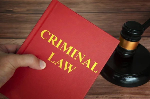 Criminal Law Text Law Book Judge Gavel Wooden Desk Background — Φωτογραφία Αρχείου