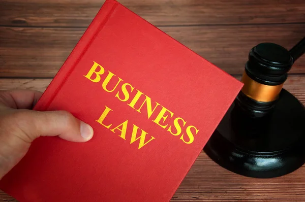 Business Law Text Law Book Judge Gavel Wooden Desk Background — Φωτογραφία Αρχείου