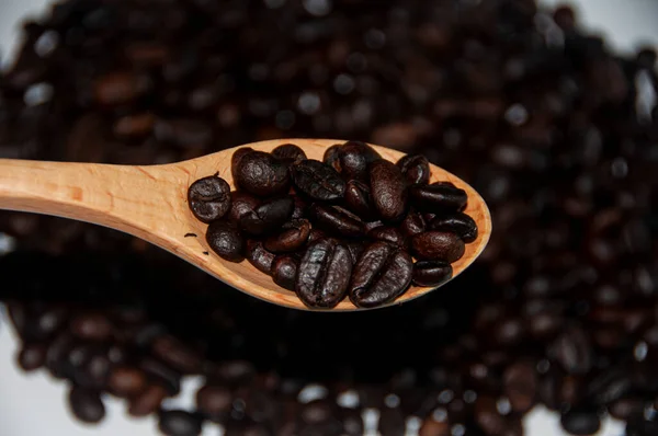Close up of coffee beans on wooden spoon. Food and beverage concept
