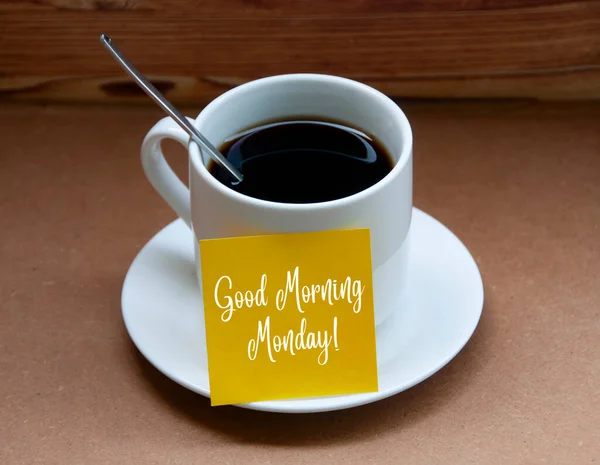 Morning Greetings Text Yellow Notepad Coffee Cup Good Morning Monday — Zdjęcie stockowe