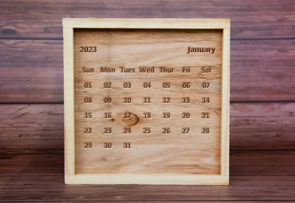 January 2023 Calendar Text Engraved Wooden Frame Calendar Concept — Foto Stock