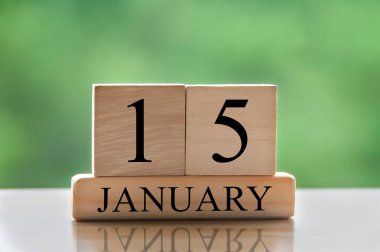January 15 calendar date text on wooden blocks with blurred background park. Copy space and calendar concept.