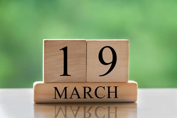 March 19 calendar date text on wooden blocks with blurred park background. Copy space and calendar concept.