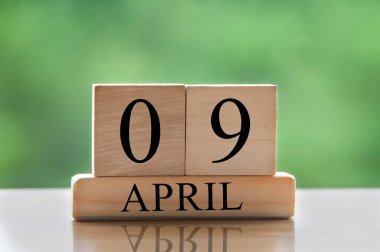 April 9 calendar date text on wooden blocks with blurred park background. Copy space and calendar concept.