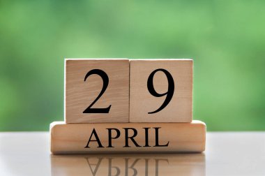 April 29 calendar date text on wooden blocks with blurred park background. Copy space and calendar concept.