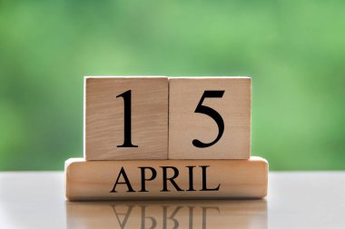 April 15 calendar date text on wooden blocks with blurred park background. Copy space and calendar concept.