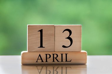 April 13 calendar date text on wooden blocks with blurred park background. Copy space and calendar concept.