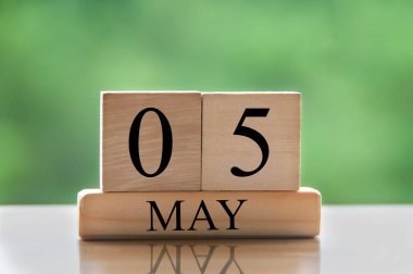May 5 calendar date text on wooden blocks with blurred nature background. Copy space and calendar concept.