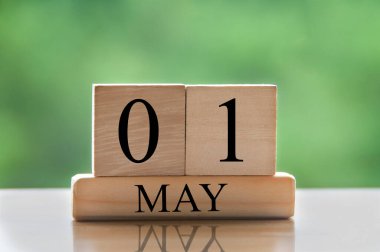 May 1 calendar date text on wooden blocks with blurred nature background. Copy space and calendar concept.