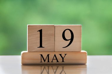 May 19 calendar date text on wooden blocks with blurred nature background. Copy space and calendar concept.