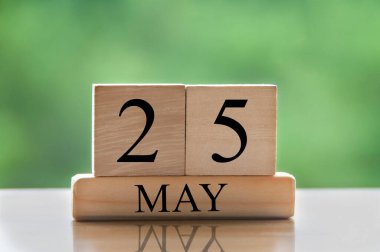 May 25 calendar date text on wooden blocks with blurred nature background. Copy space and calendar concept.