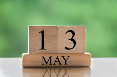 May 13 calendar date text on wooden blocks with blurred nature background. Copy space and calendar concept.