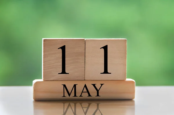 May 11 calendar date text on wooden blocks with blurred nature background. Copy space and calendar concept.