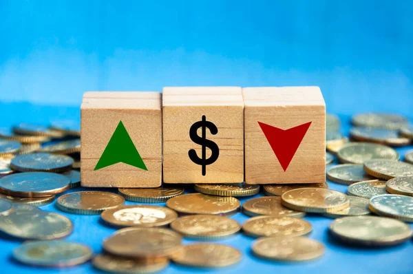 Wooden blocks with dollar icon and symbol arrow up and down. Business and currency fluctuation concept.