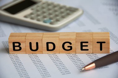 Veri analizi ve ofis konsepti içeren ahşap bloklar üzerine 2023 bütçe metni. Yıllık bütçe kavramı.