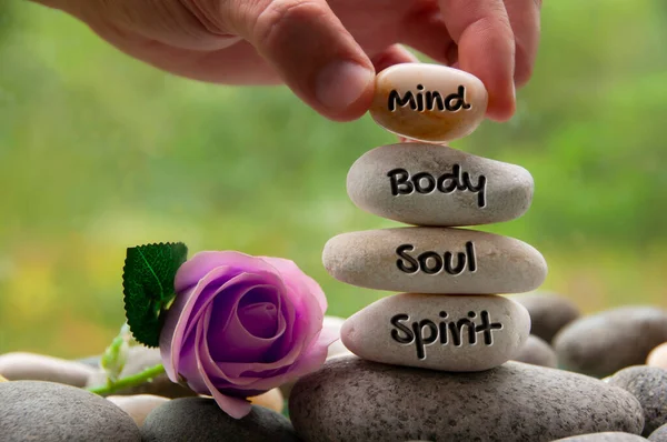 Mind, Body, Soul and Spirit words engraved on zen stones with rose flower. Copy space and zen concept.