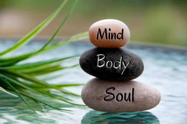 Zihin, Vücut ve Ruh kelimeleri Zen taşlarına yazı için yer kazınmış. Boşluk ve zen kavramını kopyala.
