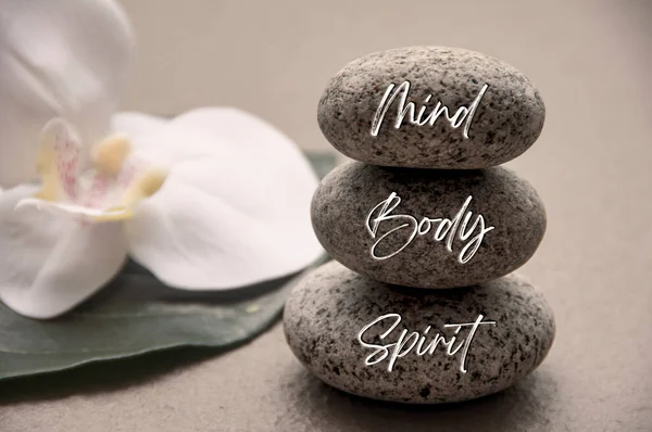 Mind, Body and Soul words engraved on zen stones with space for text.