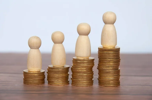 Wooden people figure on top of gold coins. Goal achievement, business growth and career progression.