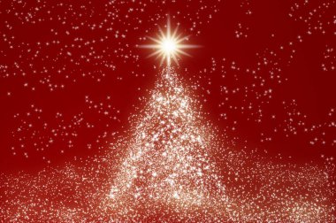 Kırmızı zemin üzerinde çam ağacı gibi parlayan bir yıldız. Yazı için özelleştirilebilir alanı var. Noel kutlaması kavramı.