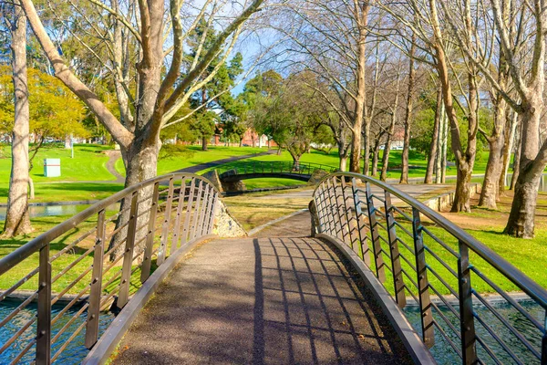 晴れた冬の日にアデレード市のライミル公園の池に架かる橋 この公園は1960年代からアデレードの家族に人気がありました — ストック写真