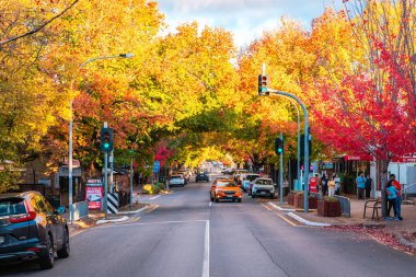Adelaide Hills, Güney Avustralya - 24 Nisan 2021: Hahndorf Main caddesi manzarası ve sonbahar sezonu boyunca gün batımında giden arabalar
