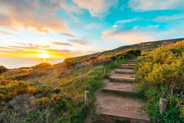 Escaleras Madera Que Van Cuesta Arriba Atardecer Hallett Cove Australia — Foto de Stock