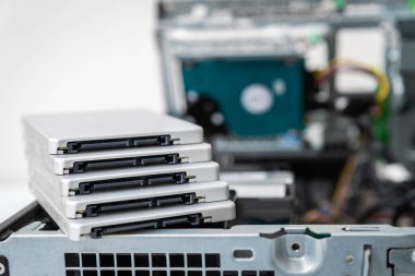 Closed-up view of SSD hard disk drives on top of business desktop PC