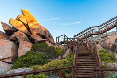 Tourists walking trail on Granite Island at sunset time, Encounter bay, South Australia