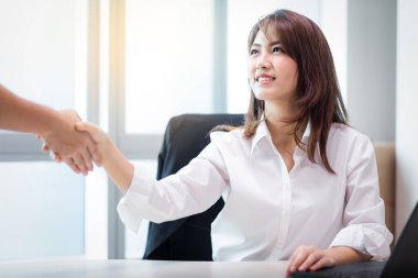 Mutlu gülümseyen başarılı iş kadını Asyalı kadın iş ortağı müşterisiyle modern ofis odasında tokalaşıyor.