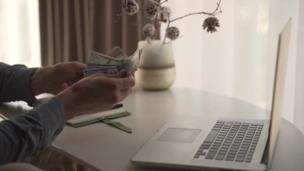 Close Adult Man Counting Dollar Bills Family Budget Writing Laptop — Stock Video