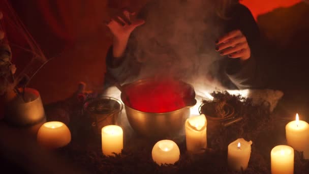 Teenage Girl Dressed Witch Casts Spell Ritual Cauldron Hands Close — Stok Video