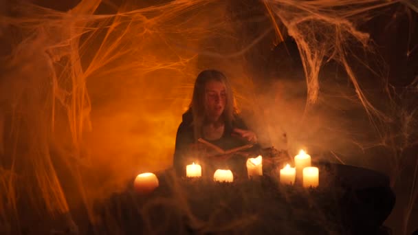 Whole Room Shrouded Cobwebs Young Beautiful Girl Casts Spell Magic — Video