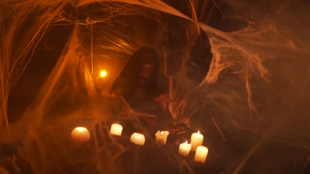 Young Witch Hood Does Black Magic Ritual Using Witch Book — Stock Video
