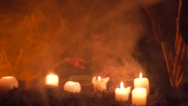 Young Girl Black Robe Shrouded Thick Smoke Reads Spell Ritual — Wideo stockowe