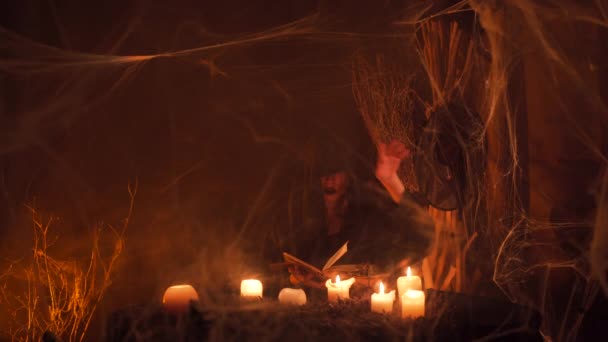 Young Beautiful Girl Black Robe Reads Spell Ritual Book Witches — Video