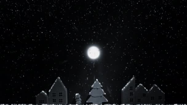 Beautiful Miniature Town Christmas Tree Night Snowfall Snow Covered Town — Stock Video