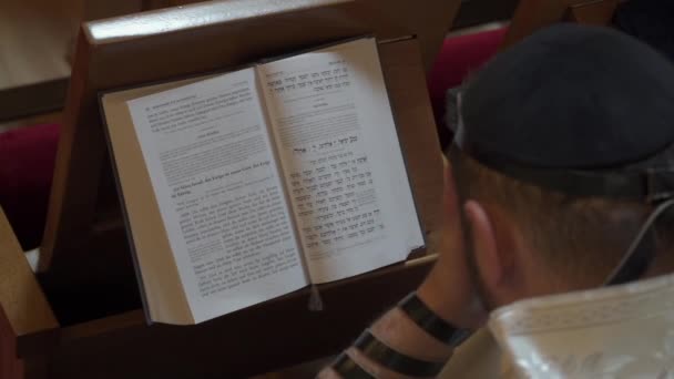 Adult Man Jew Reads Book While Closing His Eyes Prayer — Stock Video