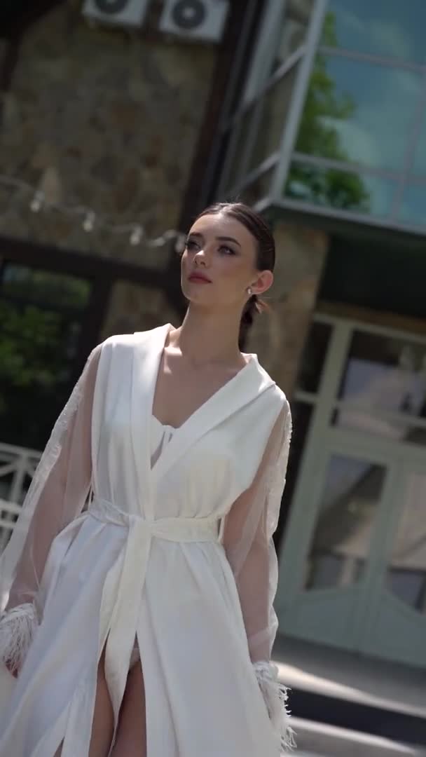 Beautiful Vertical Clip Beautiful Woman Walks Bridge Beautiful Lingerie White — Stock Video
