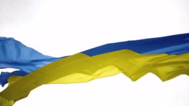 Ukrayna 'nın ulusal renkleri gökyüzünde dalgalanan mavi-sarı bayrak. Metnin için yer.