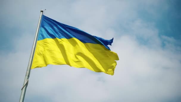 Flag Ukraine Blue Yellow Colors Flutters Air Background Blue Sky — Vídeos de Stock