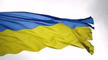 Ukrayna 'nın ulusal renklerine sahip bayrak, mavi ve sarı, dalgalar halinde dalgalanıyor. Yakın plan.