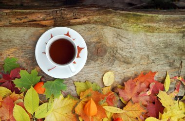 Sonbahar elması manzaralı ahşap masada bir fincan çay.