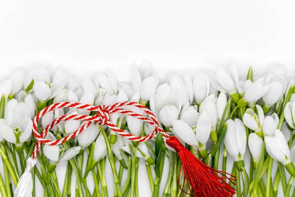 Rij Van Delicate Sneeuwklokjes Rode Witte Koord Martisor Met Copyspace — Stockfoto