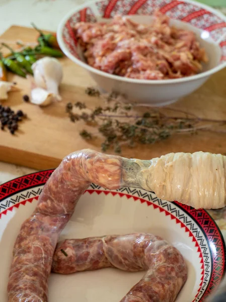 Homemade Traditional Making Christmas Sausages Ingredients Aside — Stock Photo, Image