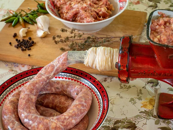 Fatti Casa Produzione Tradizionale Salsicce Natale Ingredienti Parte — Foto Stock