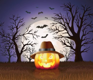 31 Ekim 'de Cadılar Bayramı bayramı balkabağı, ağaçların ay ve yarasaların olduğu bir gece tarlasının arka planında bir şapkayla. Vektörde Cadılar Bayramı temalı illüstrasyon.