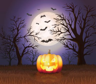 Cadılar Bayramı 'nda 31 Ekim' de balkabağı, ağaçların ay ve yarasaların olduğu bir gece tarlasının arka planında. Vektör olarak Cadılar Bayramı temalı illüstrasyon. Cadılar Bayramı için vektör olarak posterler ve kartpostallar.