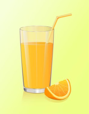 Bir dilim portakal suyu, bir bardak portakal suyu ve sarı-turuncu arka planda bir kamış. Pipetle meyve suyu iç. Duvar kağıtları ve afişler. Meyve ve suyu. Yemek ve sağlıklı beslenme. Yararlar ve vitaminler. Taze sıkılmış meyve suları.