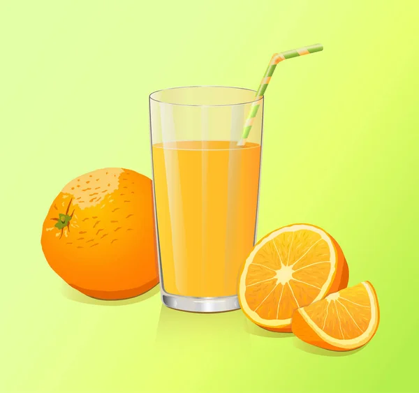 橘子一片橙子一片橙子一杯橙汁和一根稻草在一个矢量的浅绿色背景上用稻草喝果汁 水果和果汁 食品和健康的饮食 好处和维生素 新鲜榨果汁 — 图库矢量图片